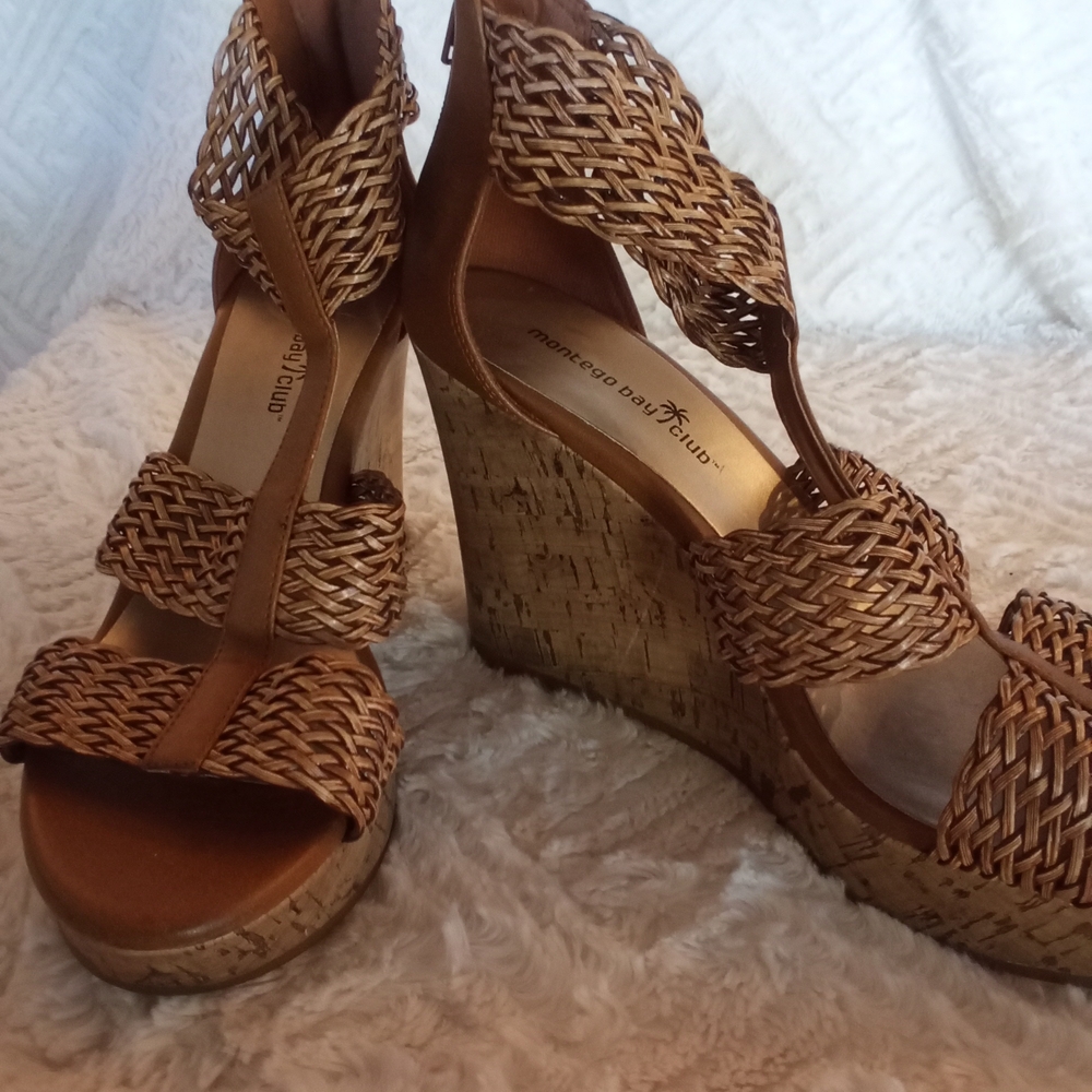 Montego Bay Club Tan Wedge Sandals with Braided Design